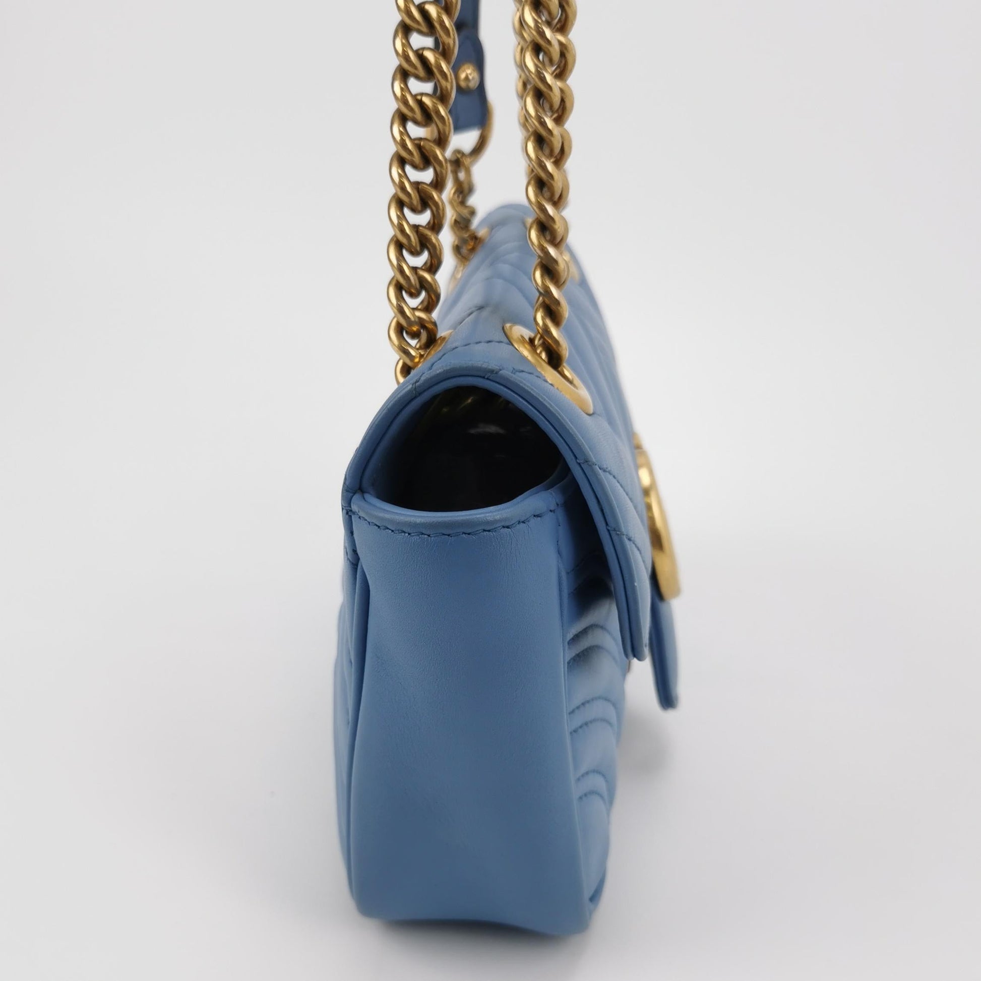 Gucci Marmont Flap Baby Hardware Leather Calfskin Blue Gold Travel Bag