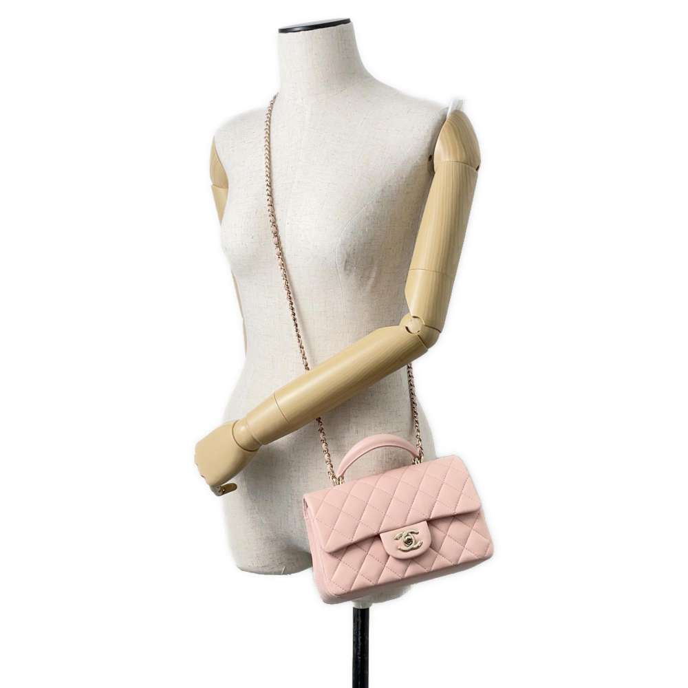 CHANEL Top handle mini Flap Bag Pink AS2431 Lambskin Size Mini