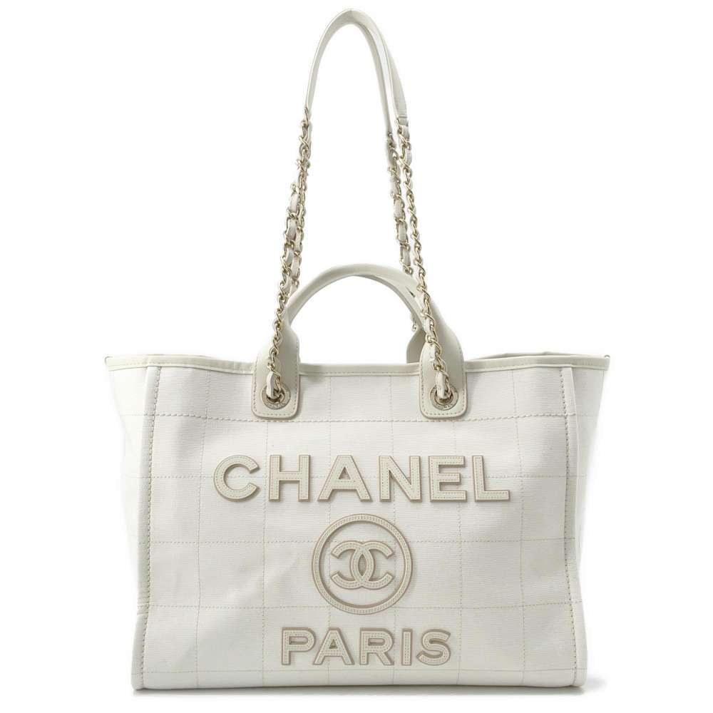 CHANEL Deauville Tote Bag White A66941 Canvas Leather Size GM