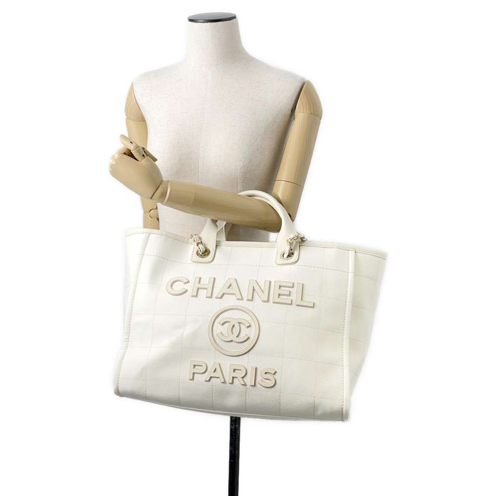CHANEL Deauville Tote Bag White A66941 Canvas Leather Size GM