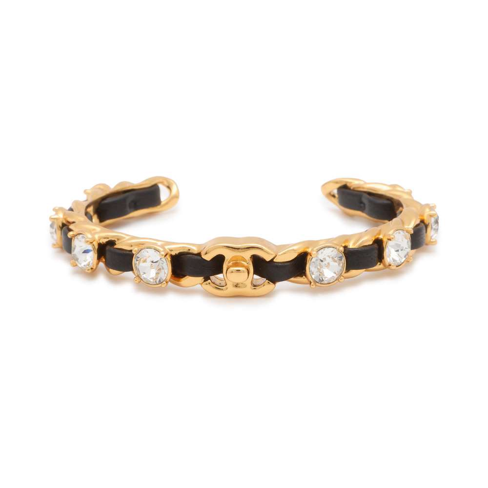 CHANEL CC Logo/Rhinestone Chain Motif Bangle Size S Gold/Black AB4267 Metal Leather Rhinestone
