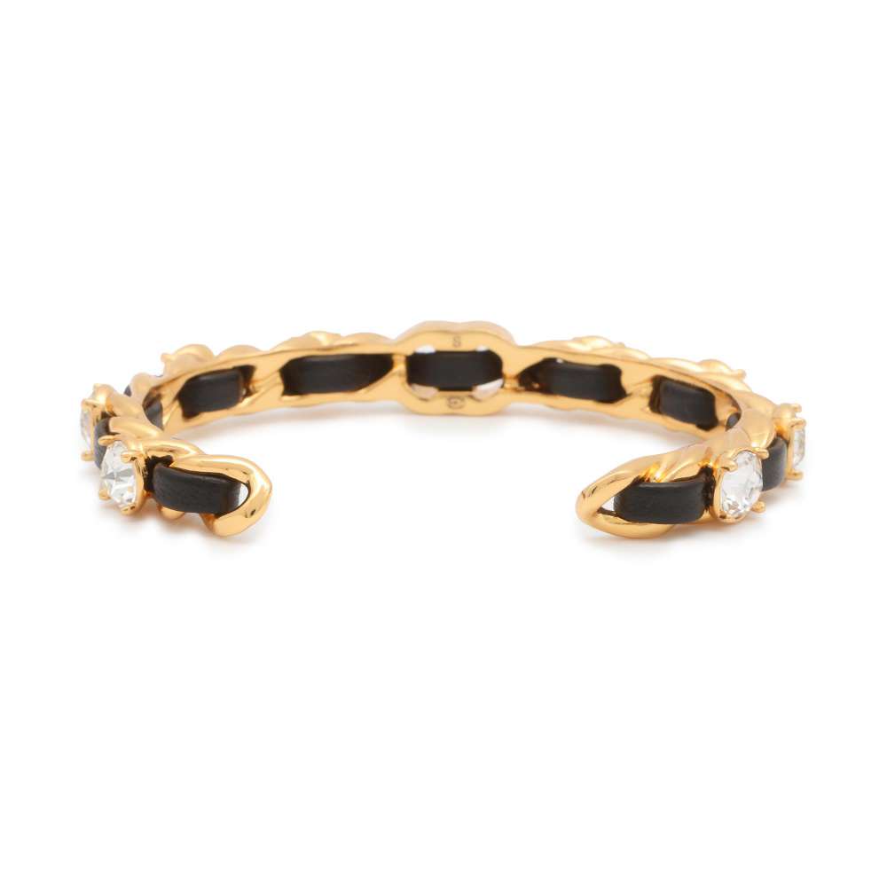 CHANEL CC Logo/Rhinestone Chain Motif Bangle Size S Gold/Black AB4267 Metal Leather Rhinestone