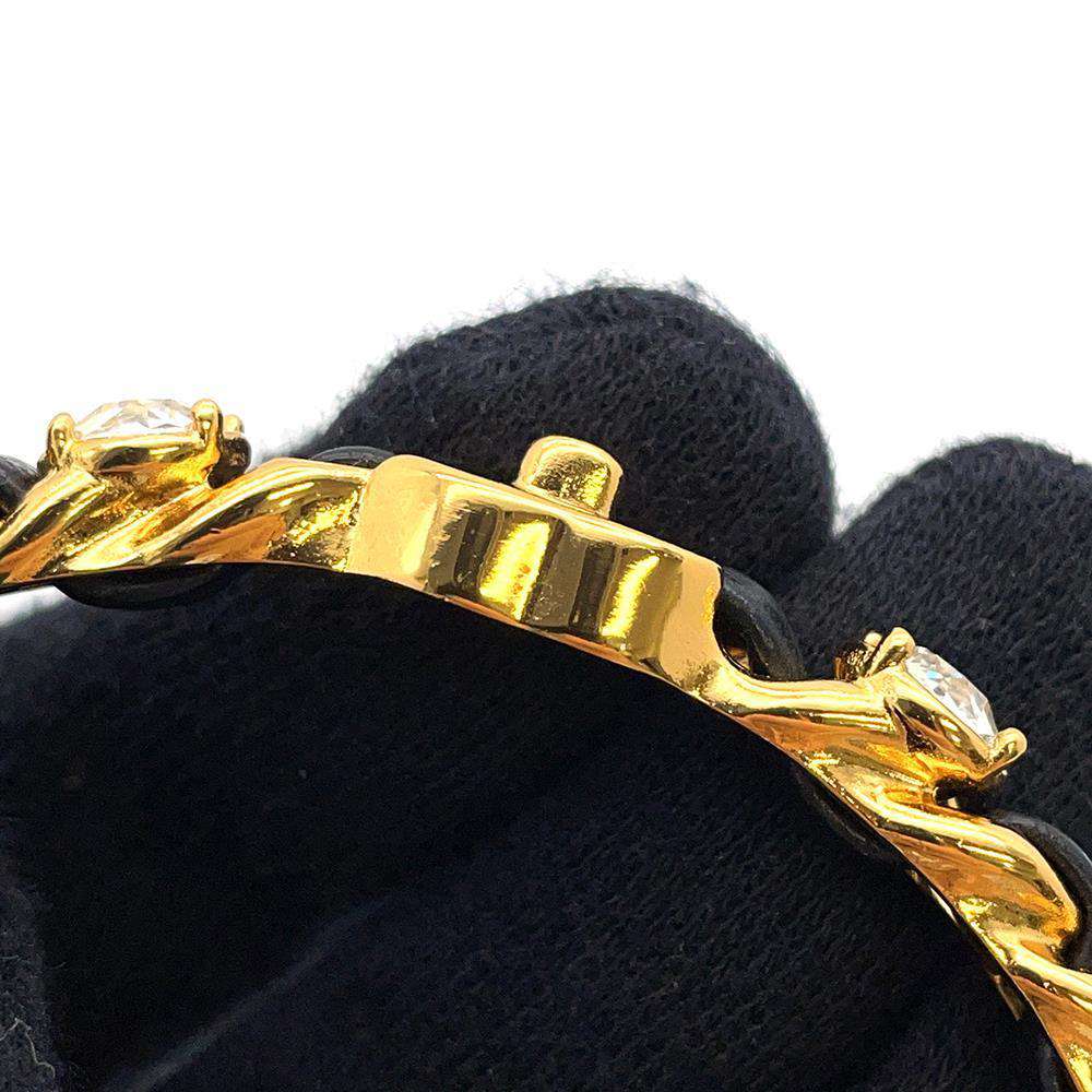 CHANEL CC Logo/Rhinestone Chain Motif Bangle Size S Gold/Black AB4267 Metal Leather Rhinestone