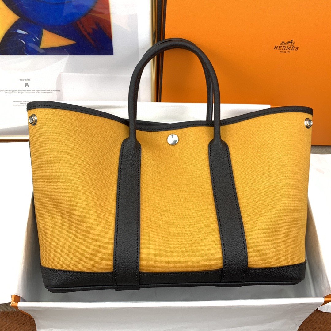 Top Quality Garden Party Tote Bag Yellow Canvas Black Shoulder Bag