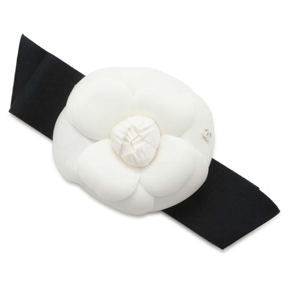 CHANEL Camellia Ribbon Brooch White/Black  9146 Nylon Satin
