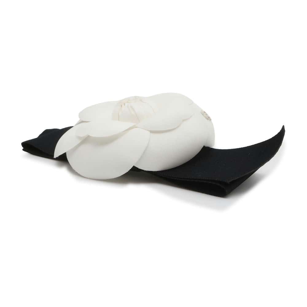 CHANEL Camellia Ribbon Brooch White/Black  9146 Nylon Satin