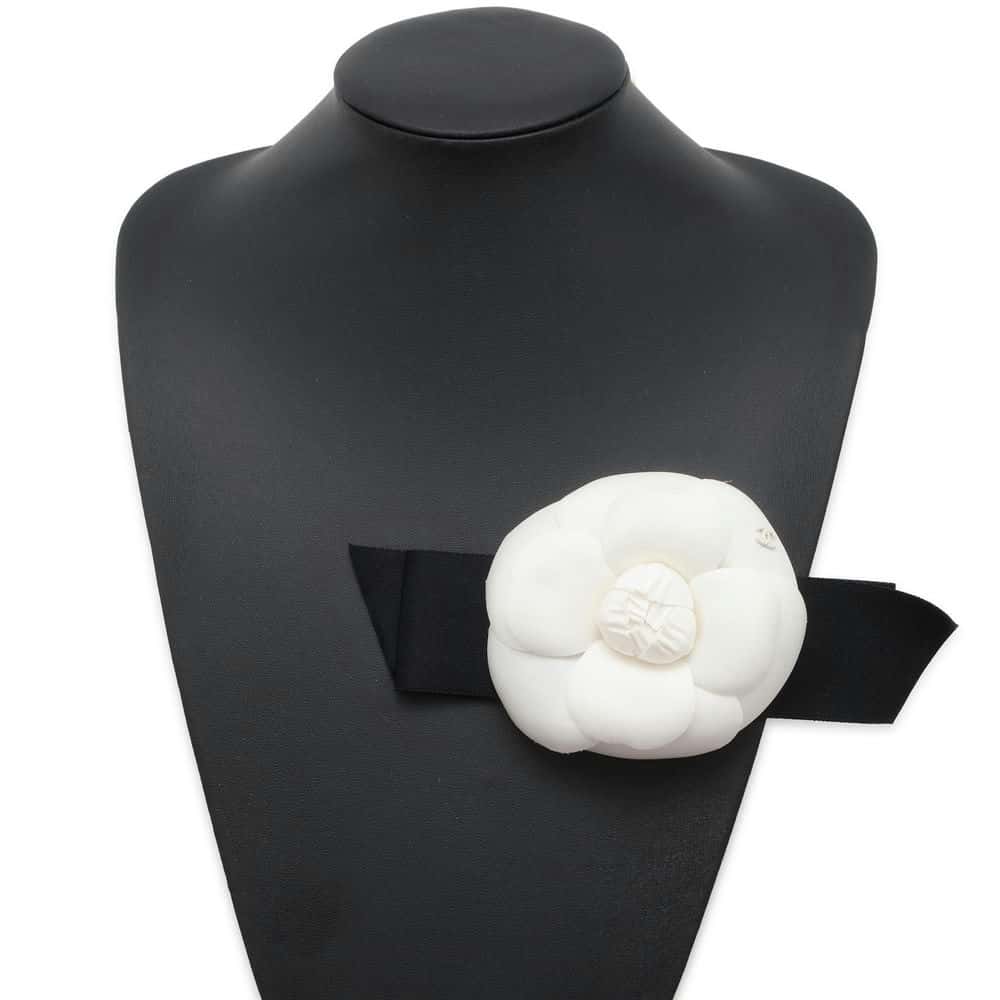 CHANEL Camellia Ribbon Brooch White/Black  9146 Nylon Satin