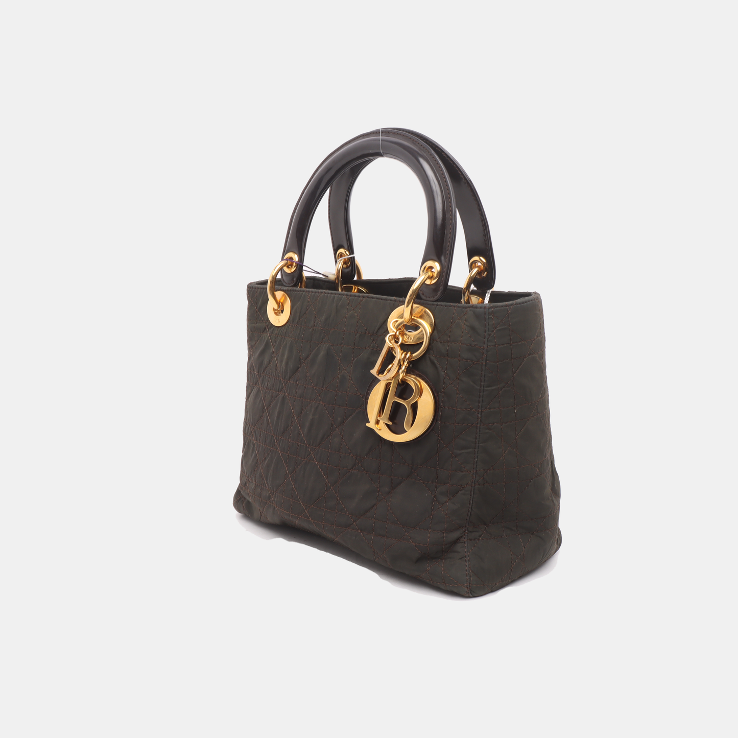 Dior Lady Medium Cloth With Yellow Tone Hardware Nylon Brown Travel Bag