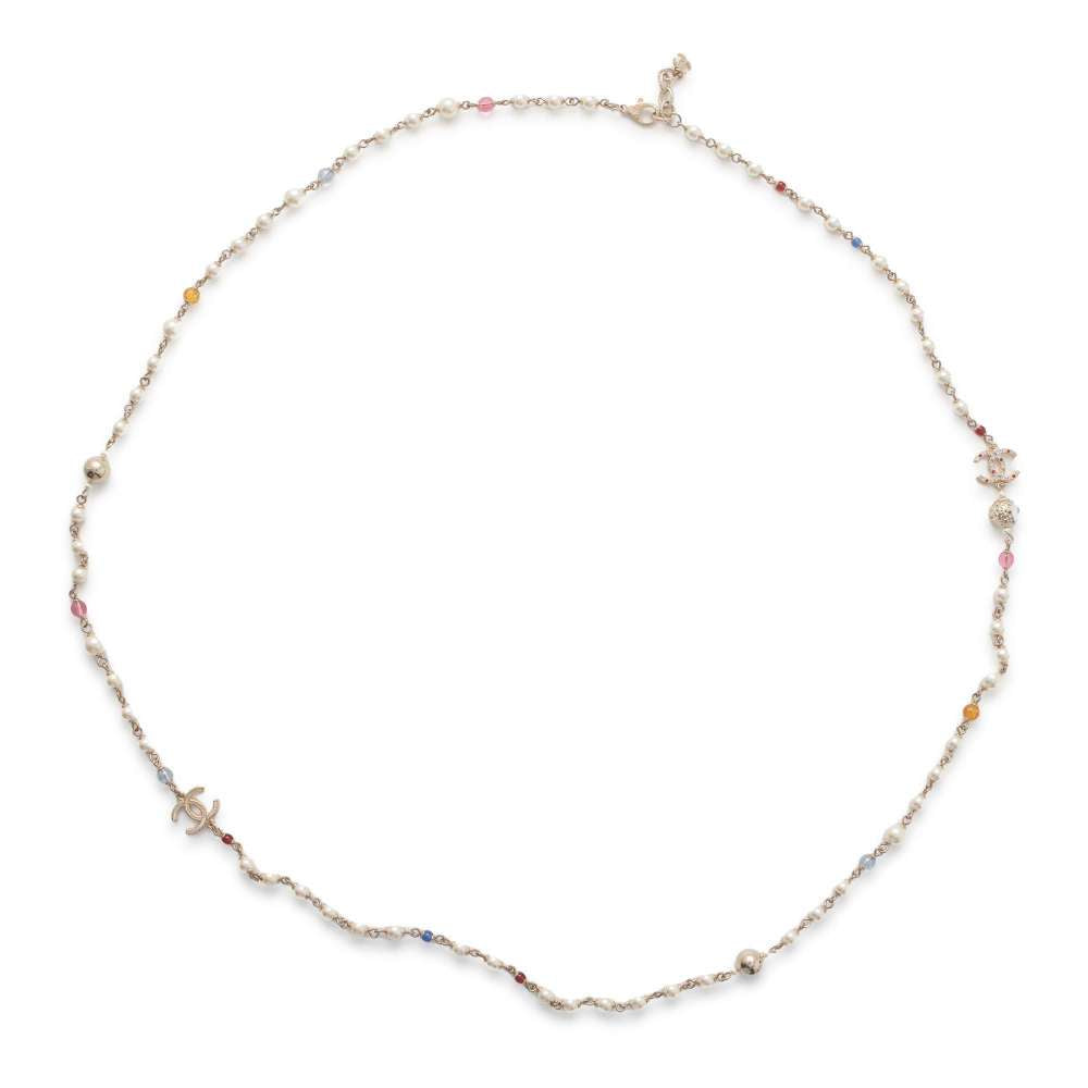 CHANEL CC Logo Faux Pearl  Necklace Champagne Gold Metal
