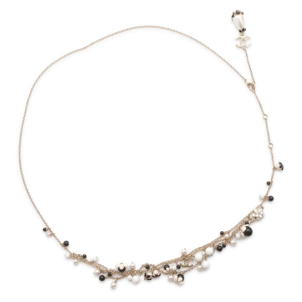 CHANEL CC Logo Camellia Faux Pearl Long Necklace Black/Champagne Gold/White Metal
