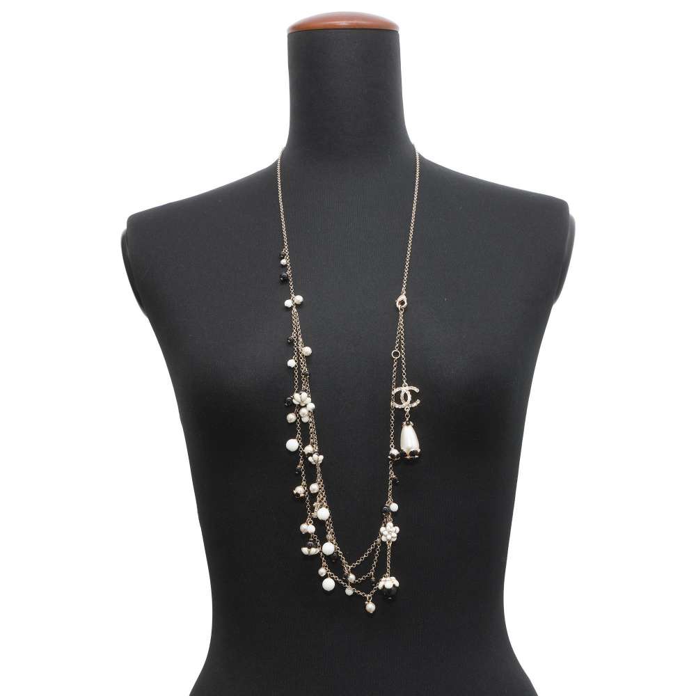 CHANEL CC Logo Camellia Faux Pearl Long Necklace Black/Champagne Gold/White Metal