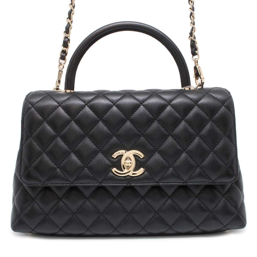 CHANEL CC Logo Top Handle 2WAY Chain Shoulder Bag Black A92991 Caviar Leather Size Large