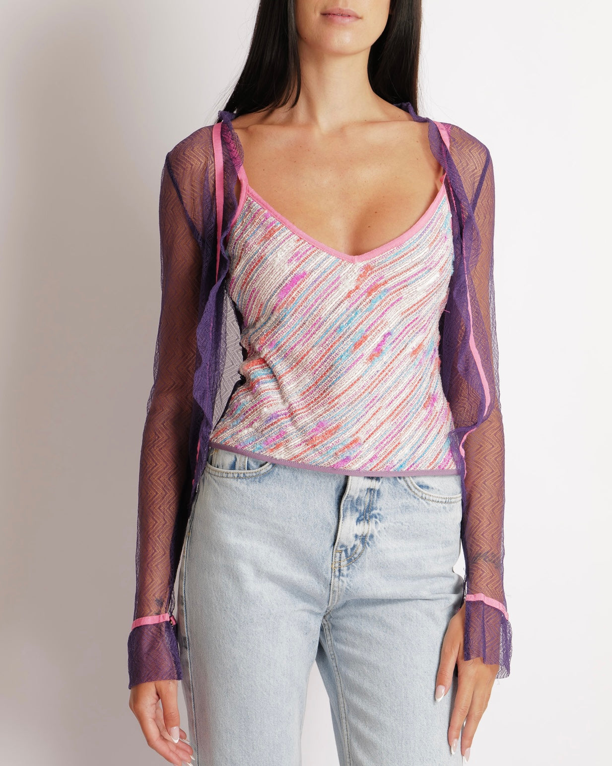 Chanel 03C Purple Lace Gilet And Multi-Colour Top Set With Pink Trims And See-Through Back Detail Size Fr 38 (Uk 10) Bag