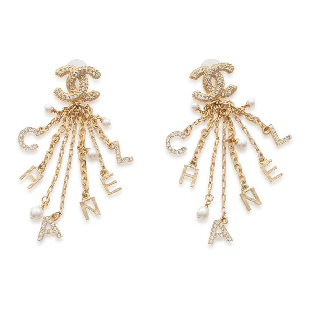 CHANEL CC Logo CHANELChainEarrings Gold AB3405 Metal Rhinestone Faux Pearl
