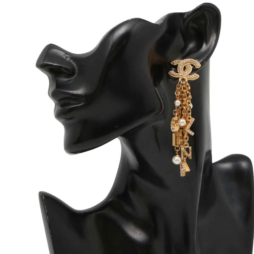 CHANEL CC Logo CHANELChainEarrings Gold AB3405 Metal Rhinestone Faux Pearl