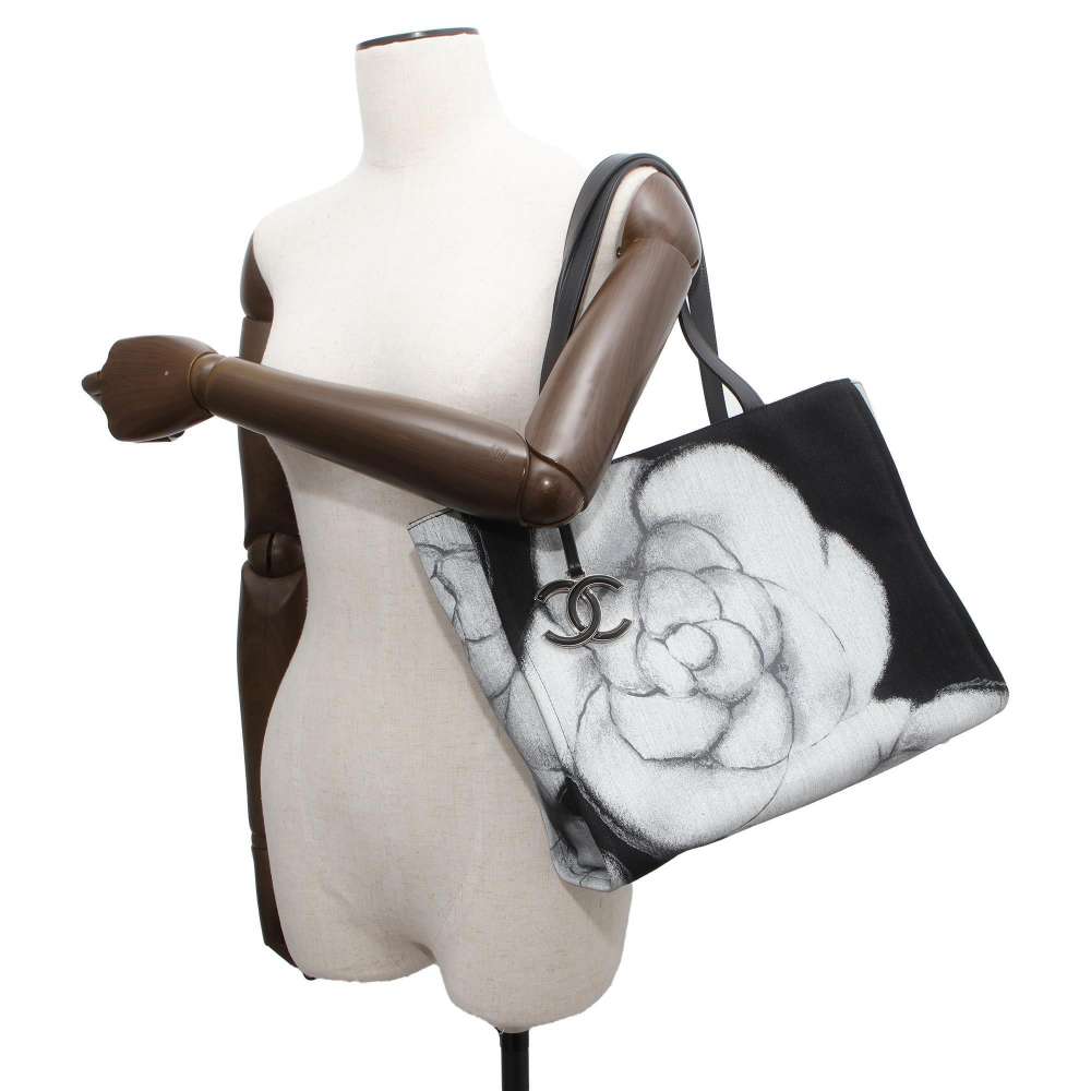 CHANEL Camellia Tote Bag Black/Gray A91421 Canvas Size Medium