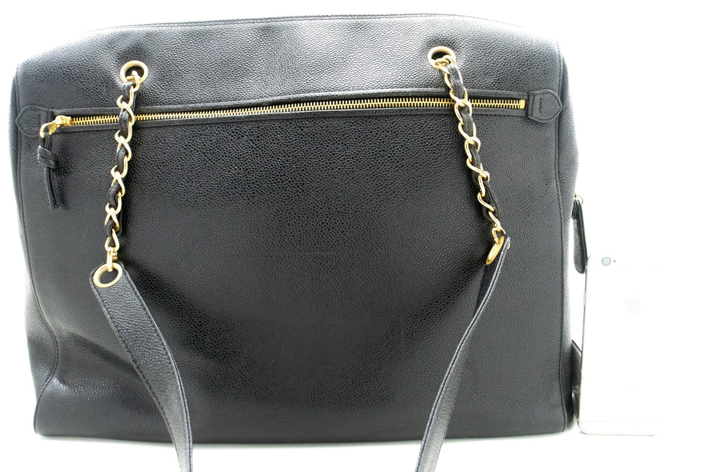 CHANEL Caviar Big Large Chain Shoulder Bag Black Leather Gold Zip