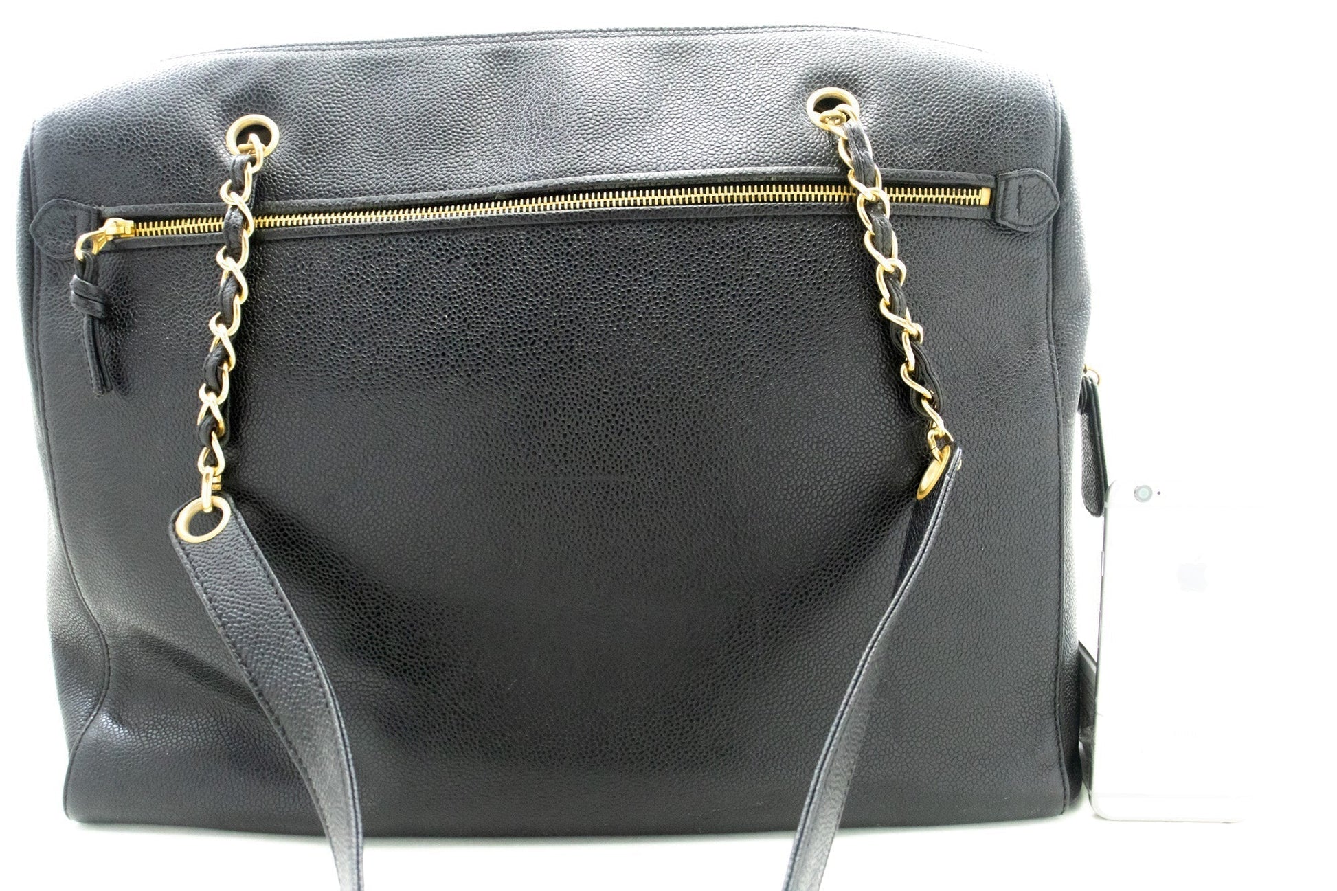 CHANEL Caviar Big Large Chain Shoulder Bag Black Leather Gold Zip