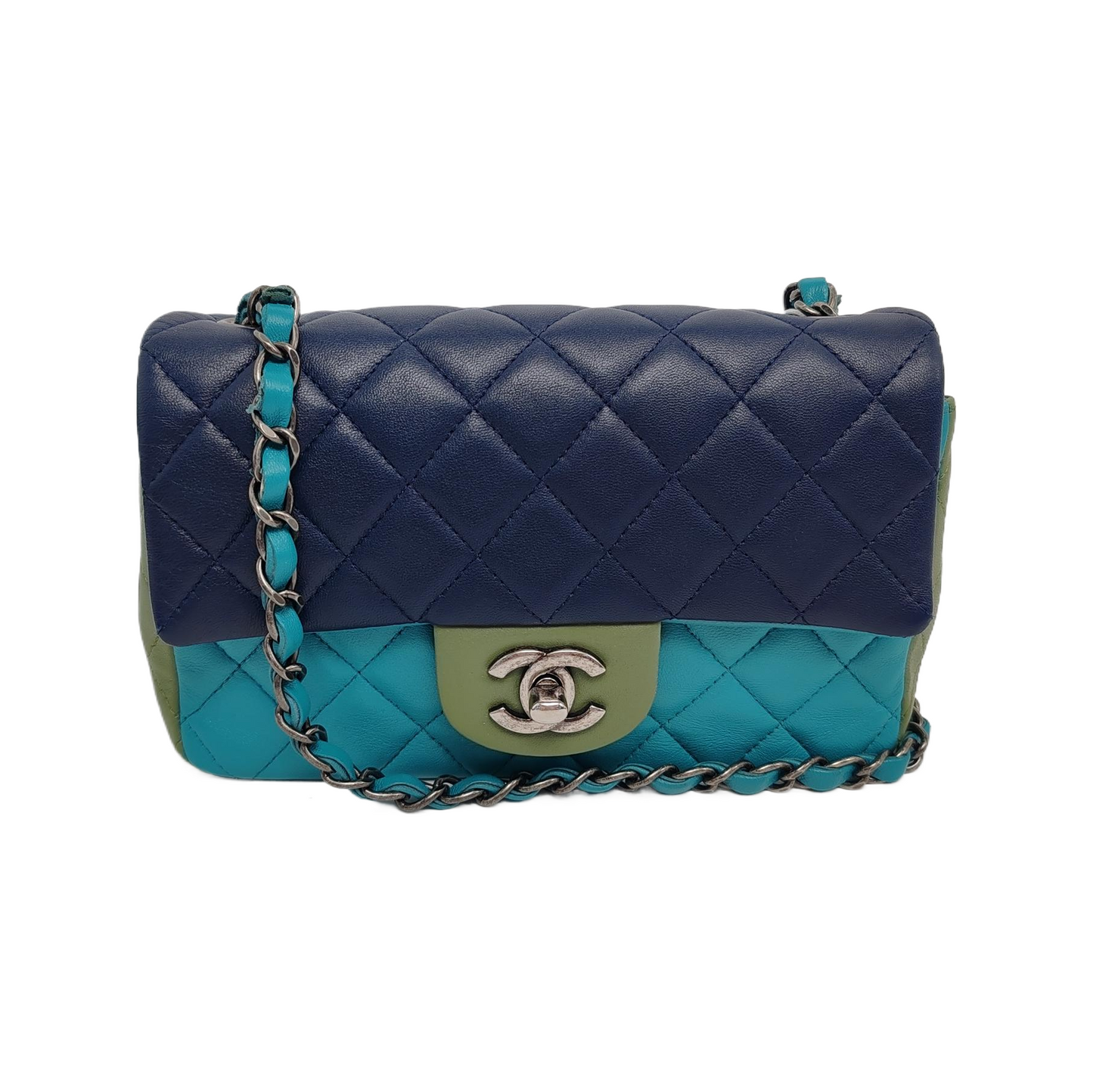 Chanel Classic Flap Rectangular Tri-color Navy Hardware Blue Green Silver Mini Bag