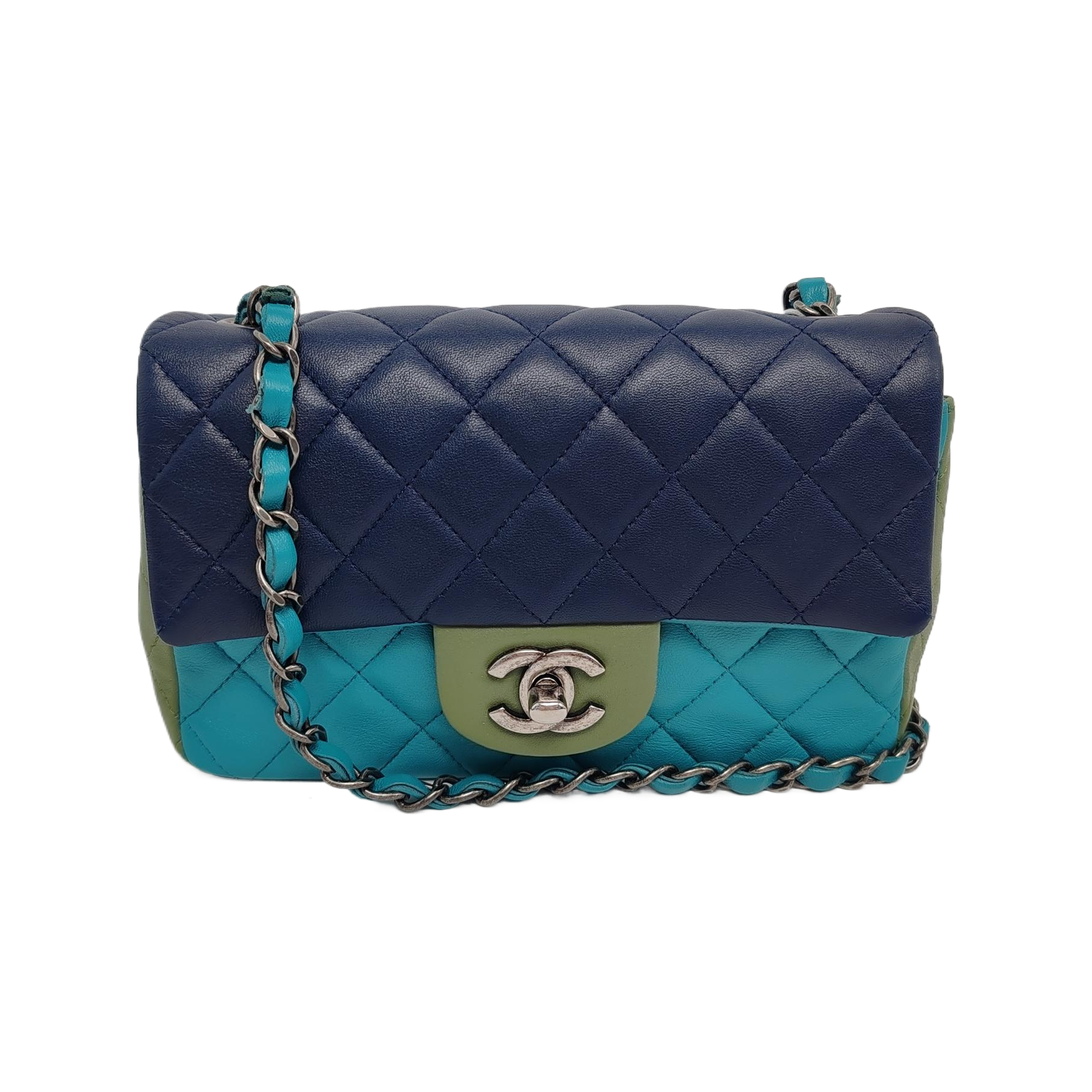 Chanel Classic Flap Rectangular Tri-color Navy Hardware Blue Green Silver Mini Bag
