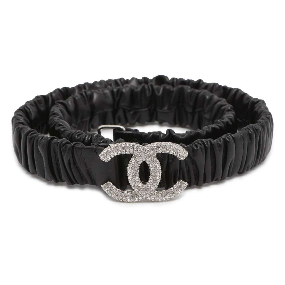 CHANEL CC Logo RhinestoneGathered Belt Size 75 Black  9476 Rhinestone Leather