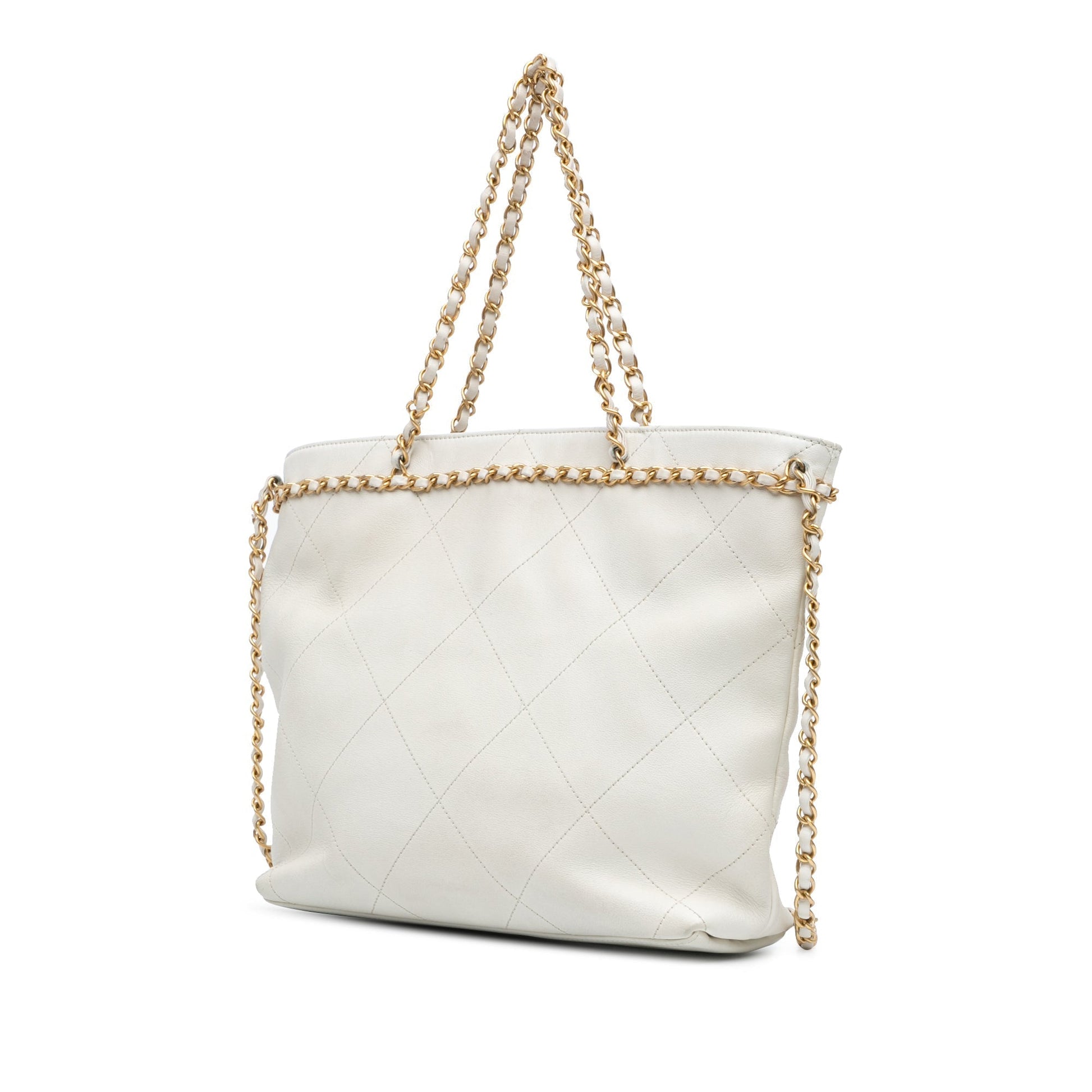 White Chanel Quilted Calfskin CC Lock Chain Shopping Tote Satchel