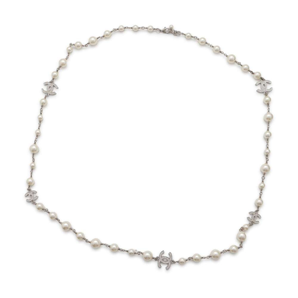 CHANEL CC Logo Long Necklace Silver A36121 Metal