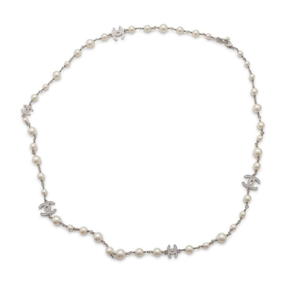 CHANEL CC Logo Long Necklace Silver A36121 Metal