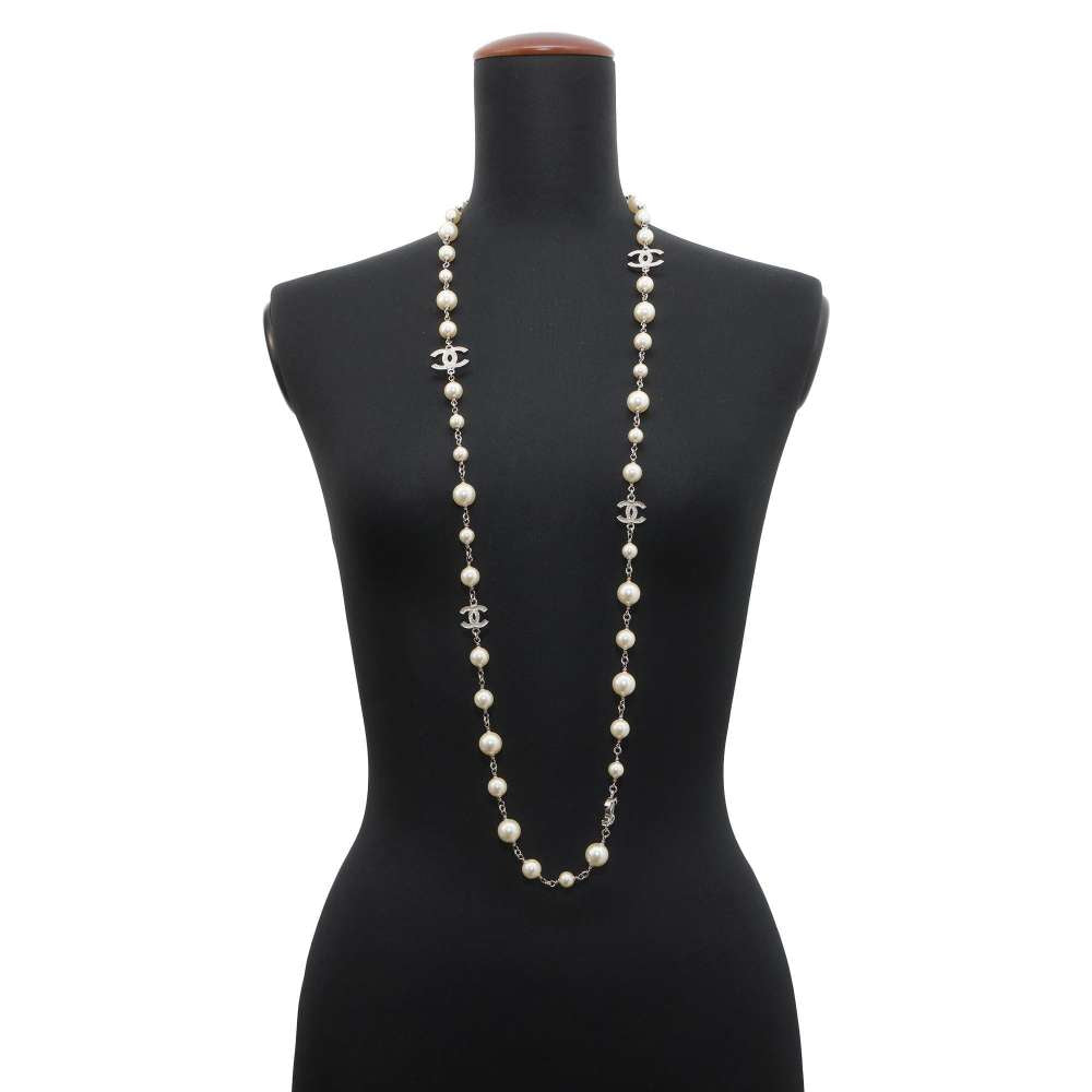 CHANEL CC Logo Long Necklace Silver A36121 Metal