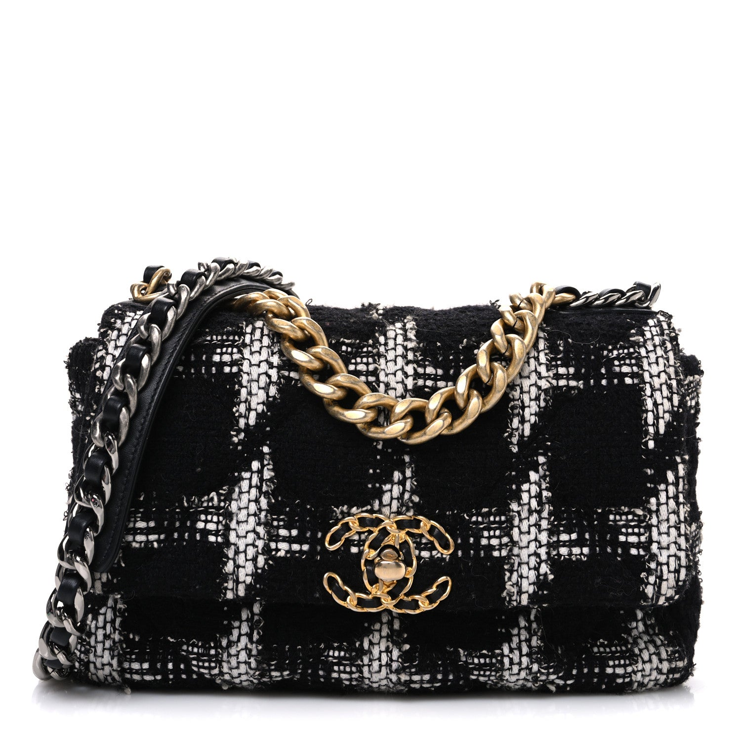 Chanel Tweed Quilted Medium 19 Flap Black White Handbag
