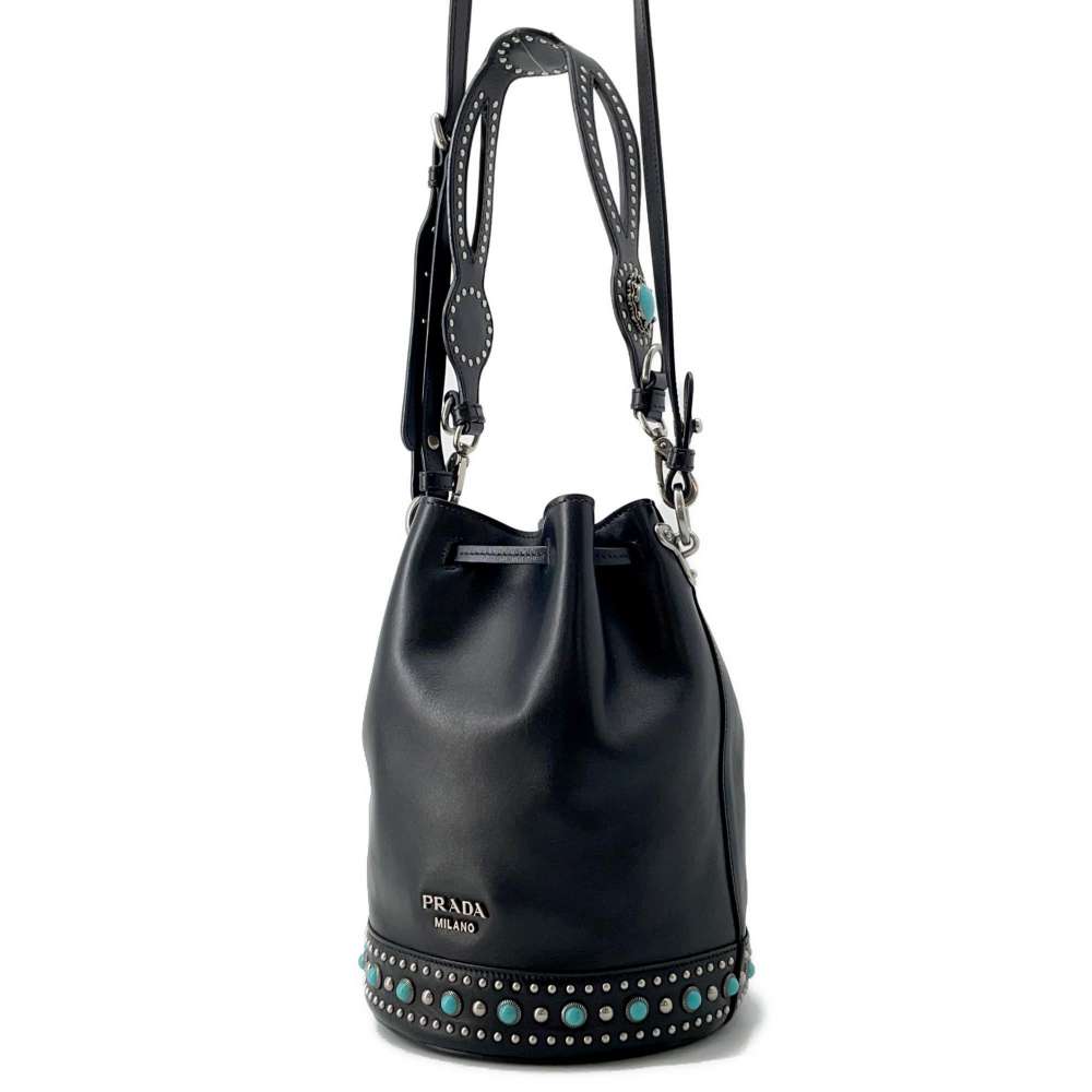 Prada Stone 2Way Bag Leather Black Bucket Bucket Bag