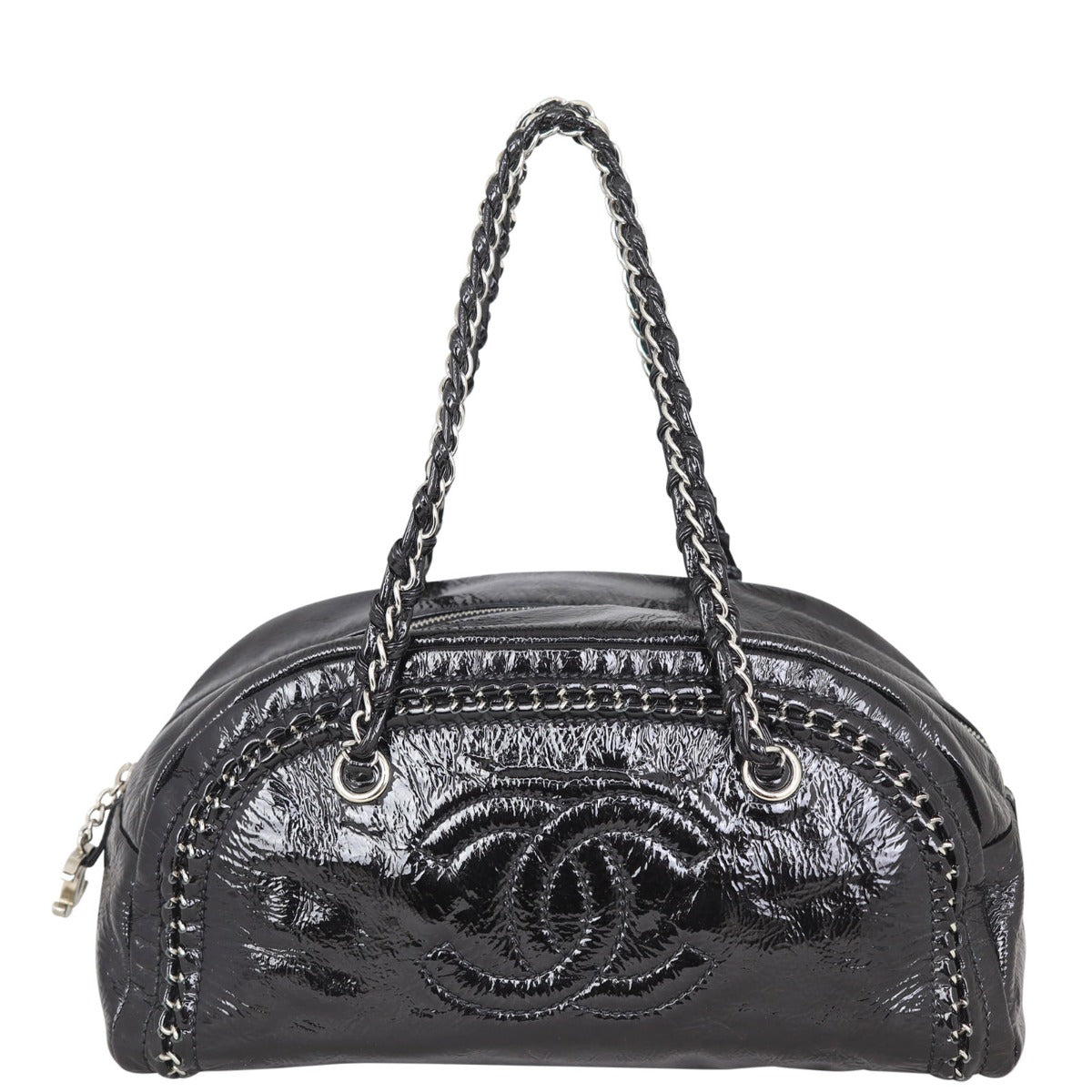 Chanel Luxe Ligne Bowler Aged Patent Handbag Black