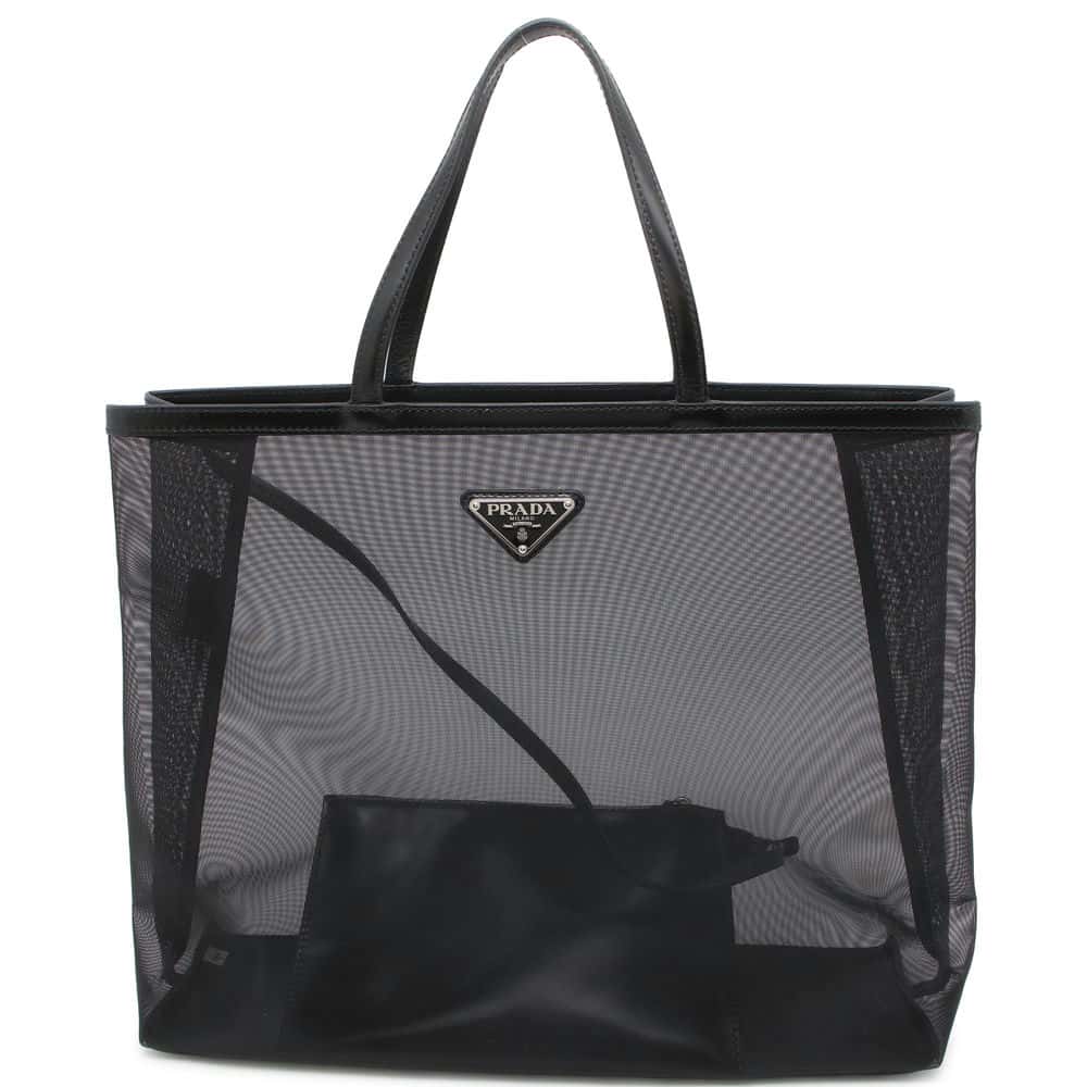 Prada Triangle Mesh Shopping Bag Tote Bag Mesh Leather Black Logo