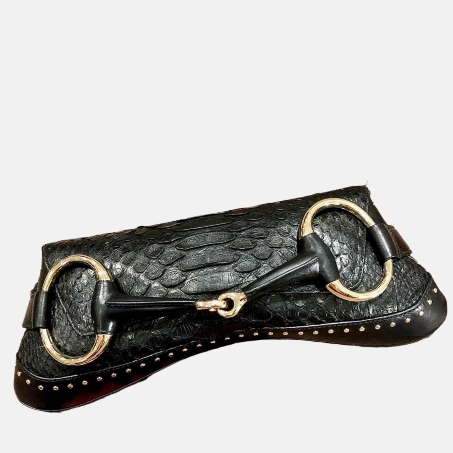 Gucci Horsebit Chain Leather Crocodile Black Large Shoulder Bag