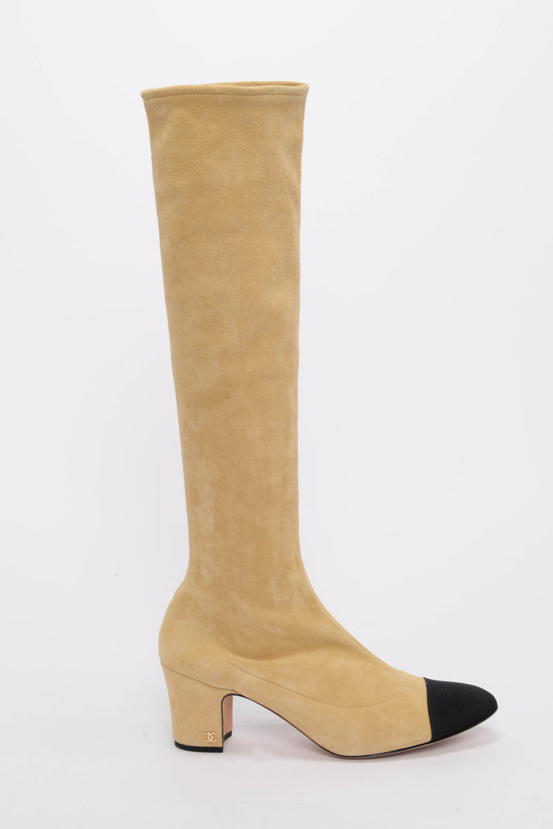 Chanel Beige Stretch Suede Knee Length Boots 40.5 for Women