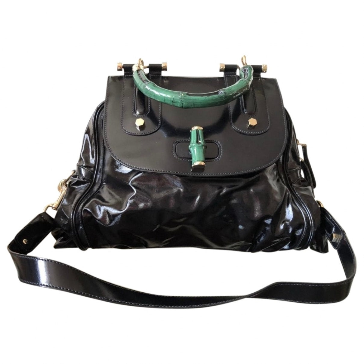 Gucci bamboo black patent leather handbag