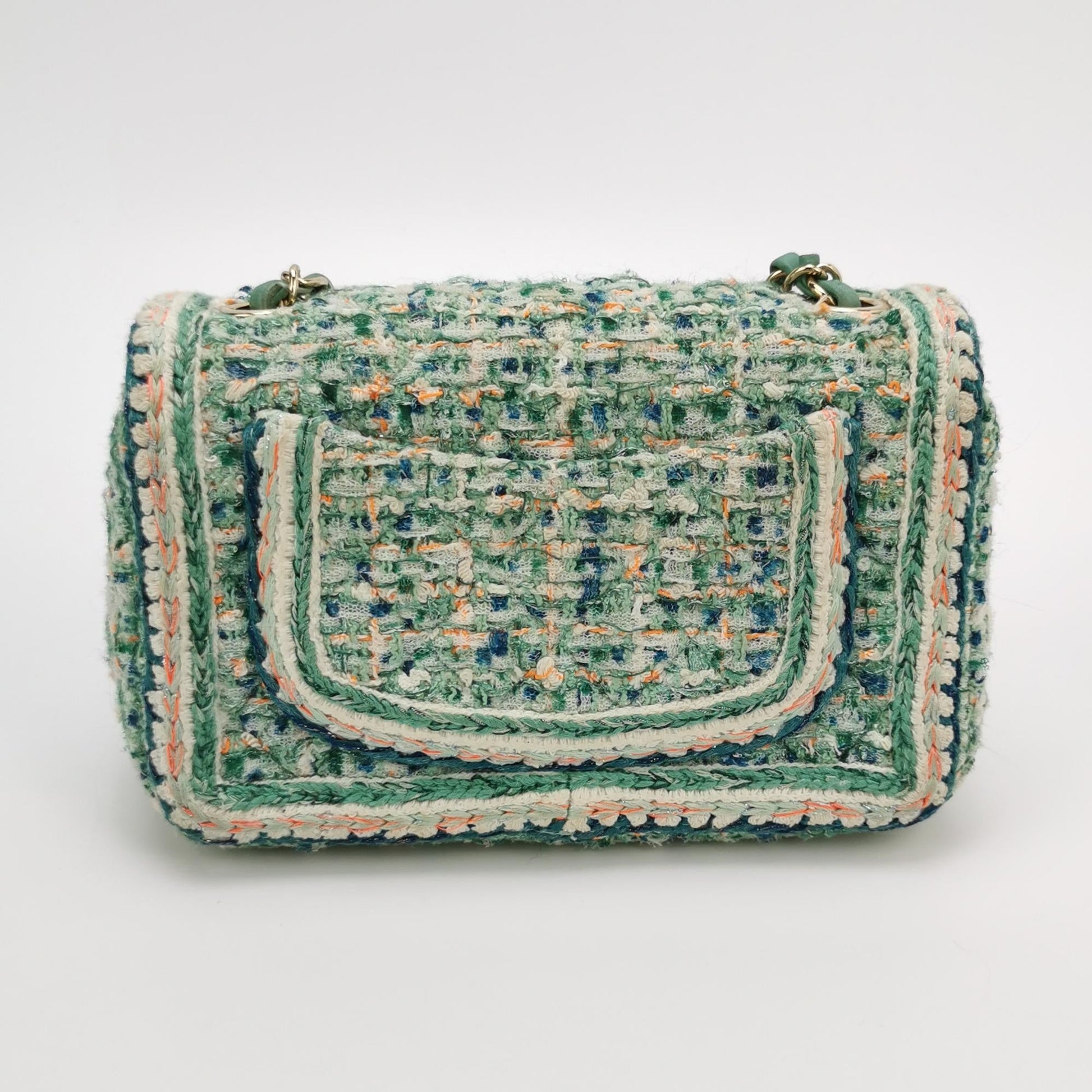 Chanel Classic Flap Rectangular Tweed Hardware -19 Multicolor Green Gold Mini Bag