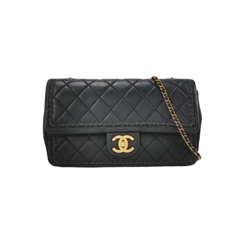 Chanel Classic Flap Happy Stitch Aged Calfskin Black Gold Leather Handbag