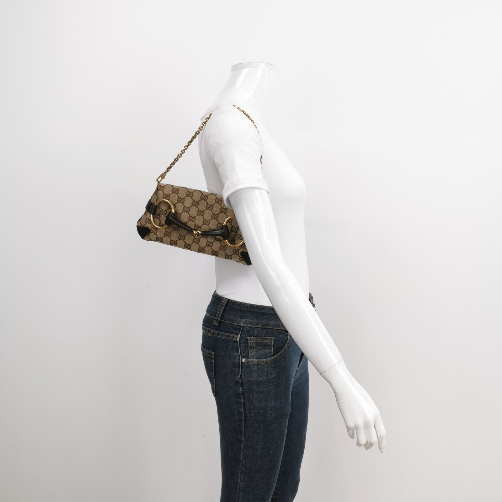 Gucci Horsebit Chain Cloth Monogram Leather Brown Beige Shoulder Bag