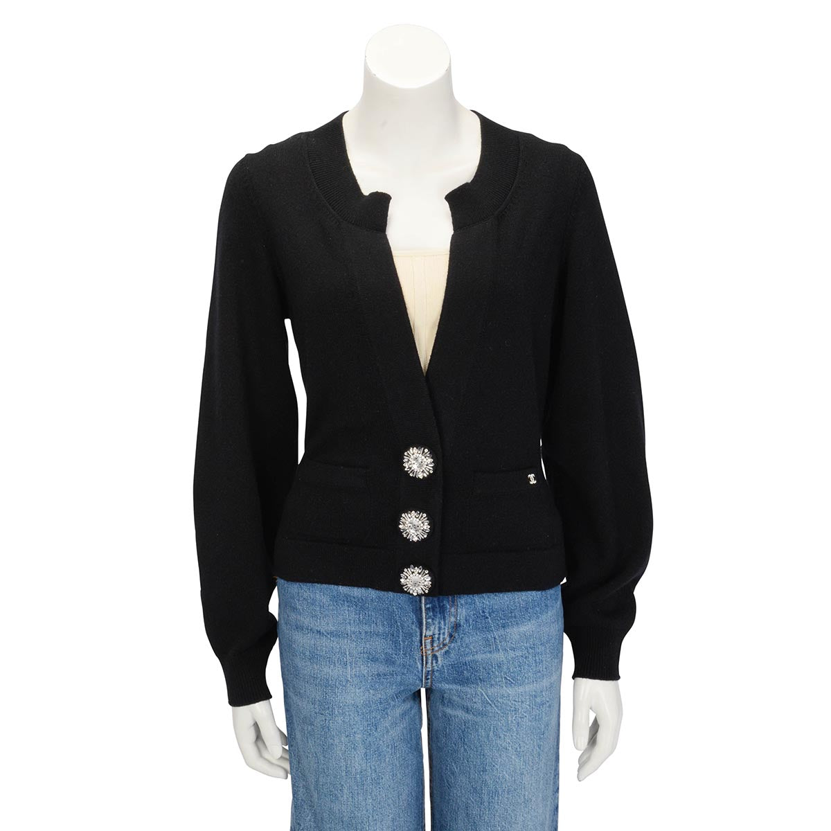 Chanel Black Cashmere Crystal Button Cardigan FR 40