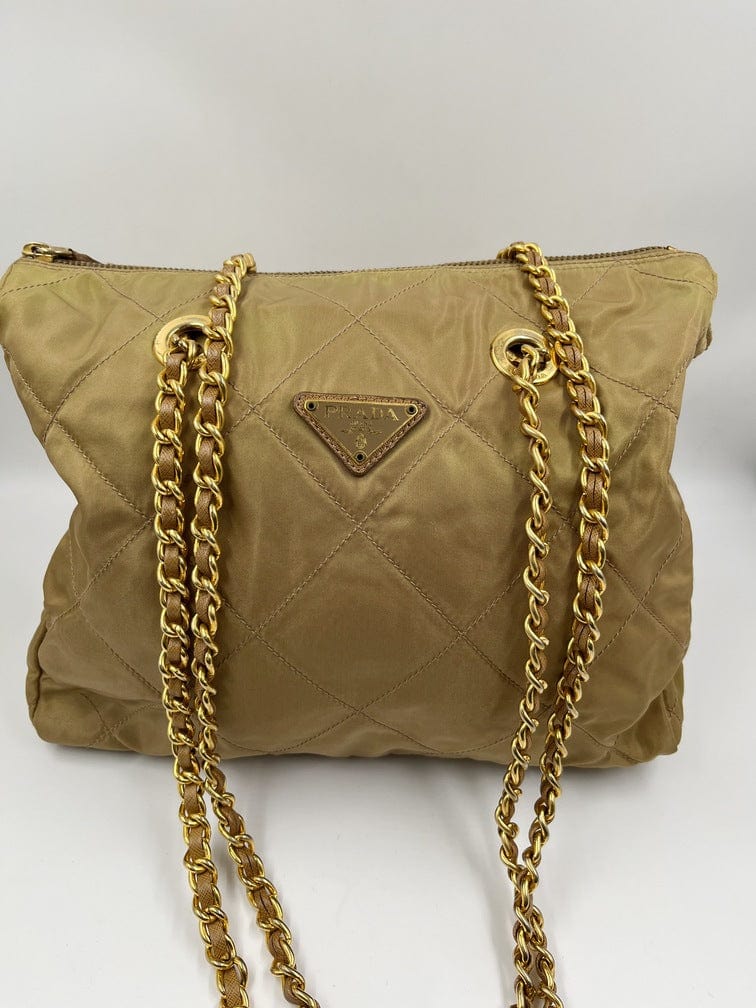 Prada Tote With Handle Nylon Beige Chain Tote Bag