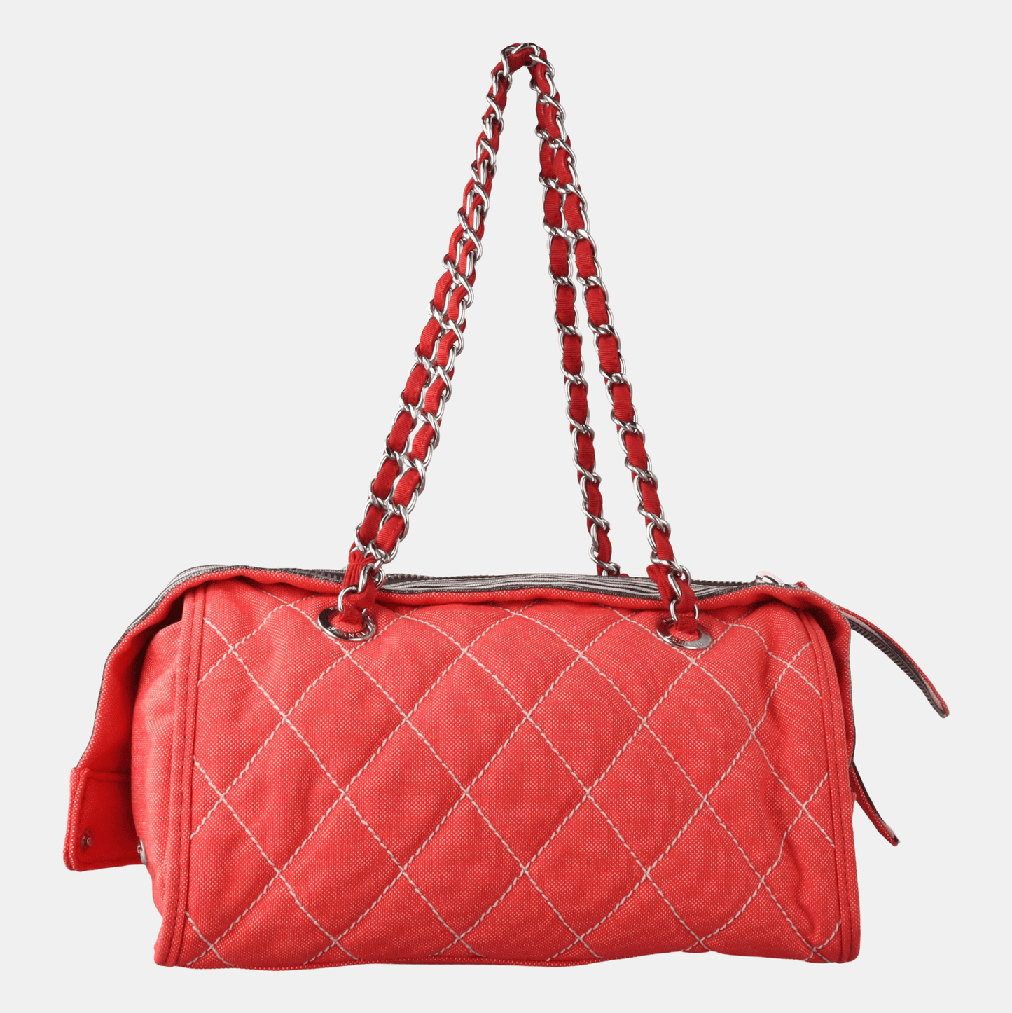 Chanel Rhombus Quilted Denim CC Bowler Red Handbag