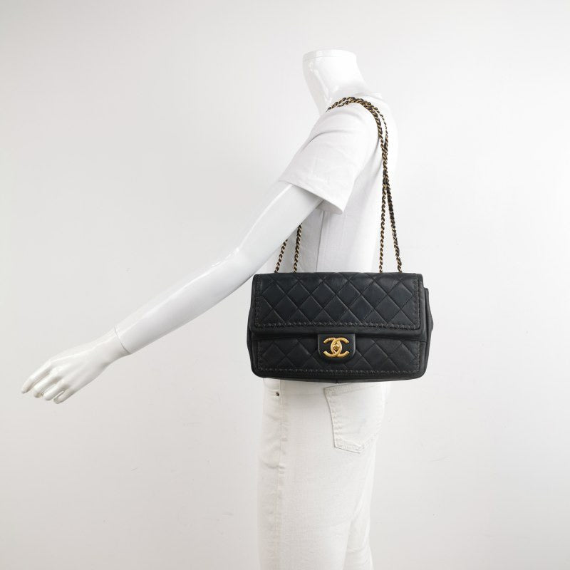 Chanel Classic Flap Happy Stitch Aged Calfskin Black Gold Leather Handbag