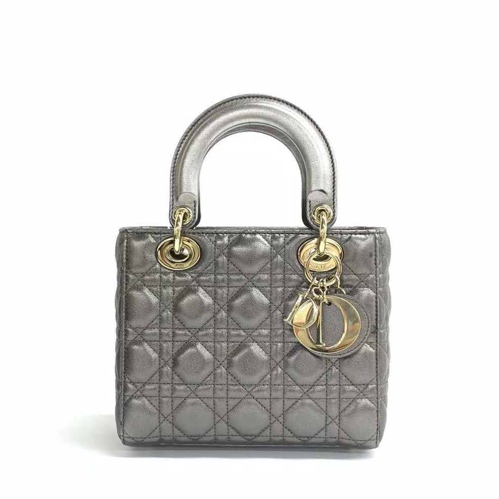 Dior Lady Abc Metallic Grey Cannage Lambskin Handbag Small Travel Bag