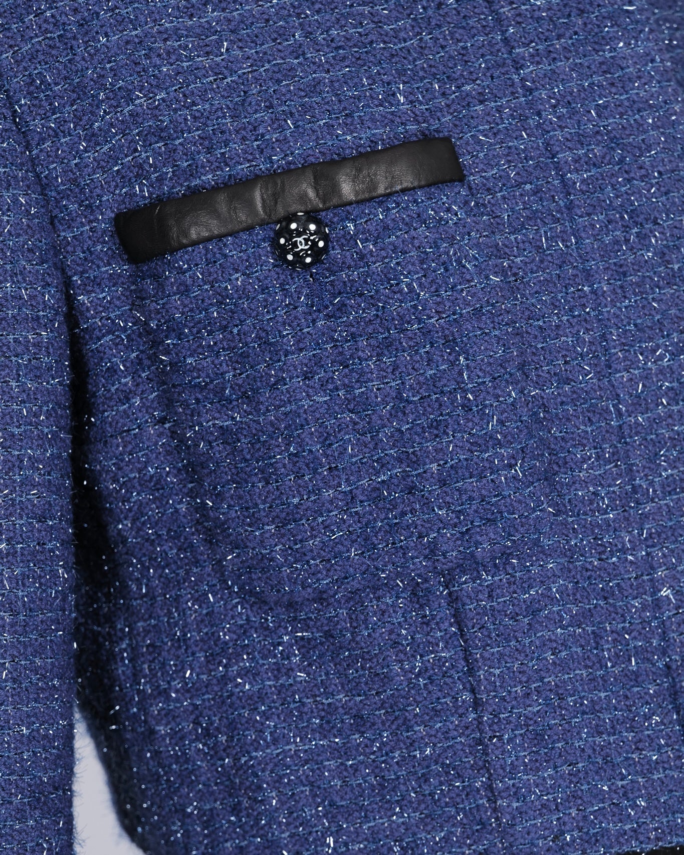 Chanel Cruise 2019 Blue Tweed Cropped Jacket and Tro rs Set with CC Logo Buttons and Black Leather Trims Size FR 36/38 (UK 8/10)