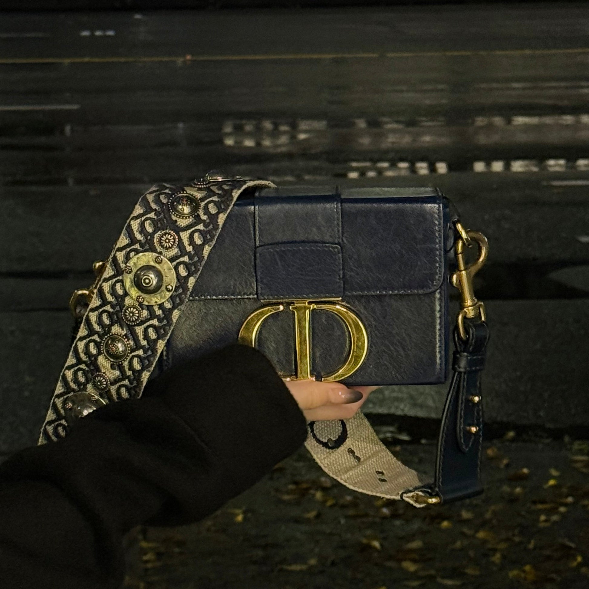 Dior Shoulder Bag Christian 30 Montaigne Box Leather Blue Navy