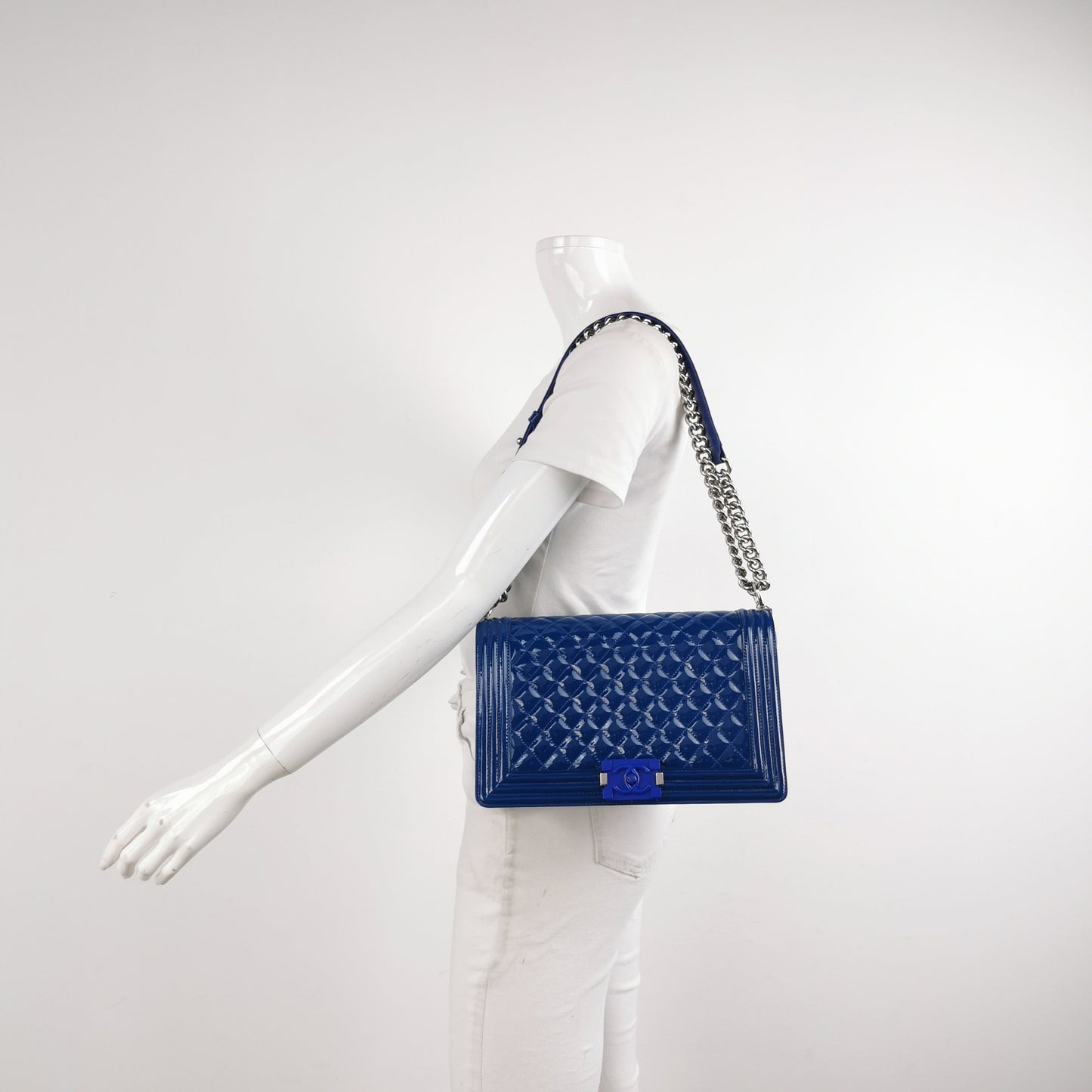 Chanel Le Boy Royal Patent Hardware Blue Silver Leather Handbag