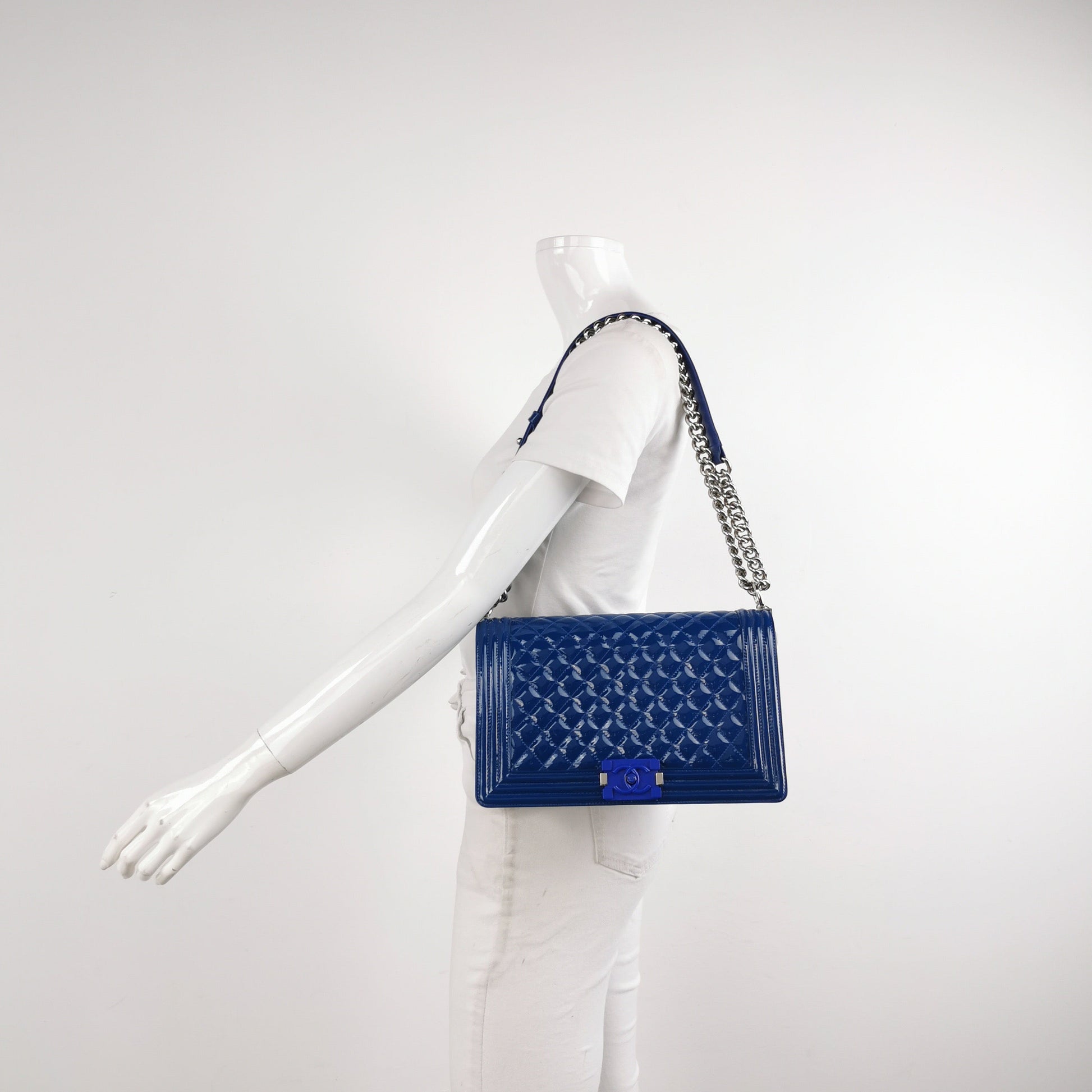 Chanel Le Boy Royal Patent Hardware Blue Silver Leather Handbag