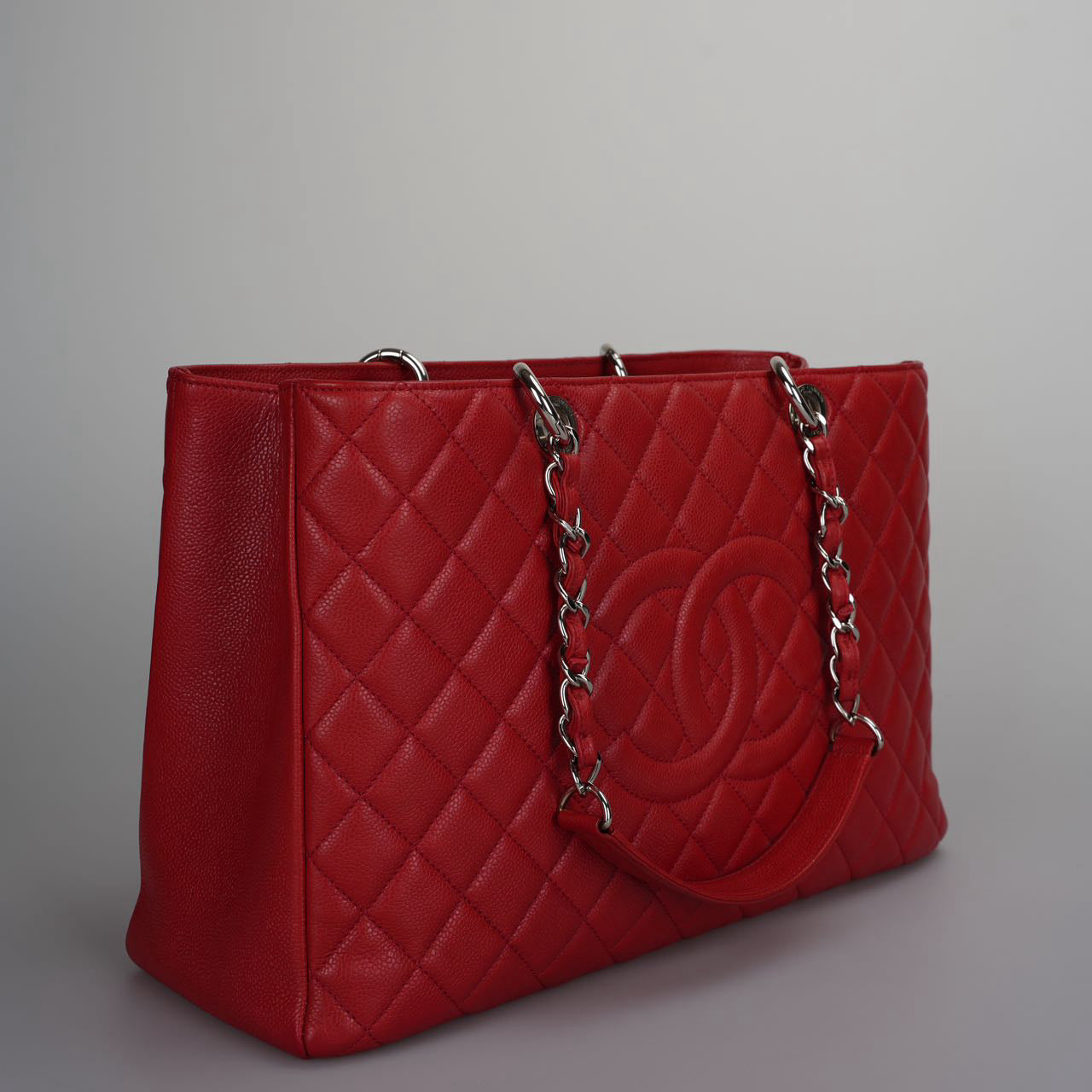 Chanel Large Grand Shopping Tote Red GST Bag in Caviar Leather with Silver Hardware XL size