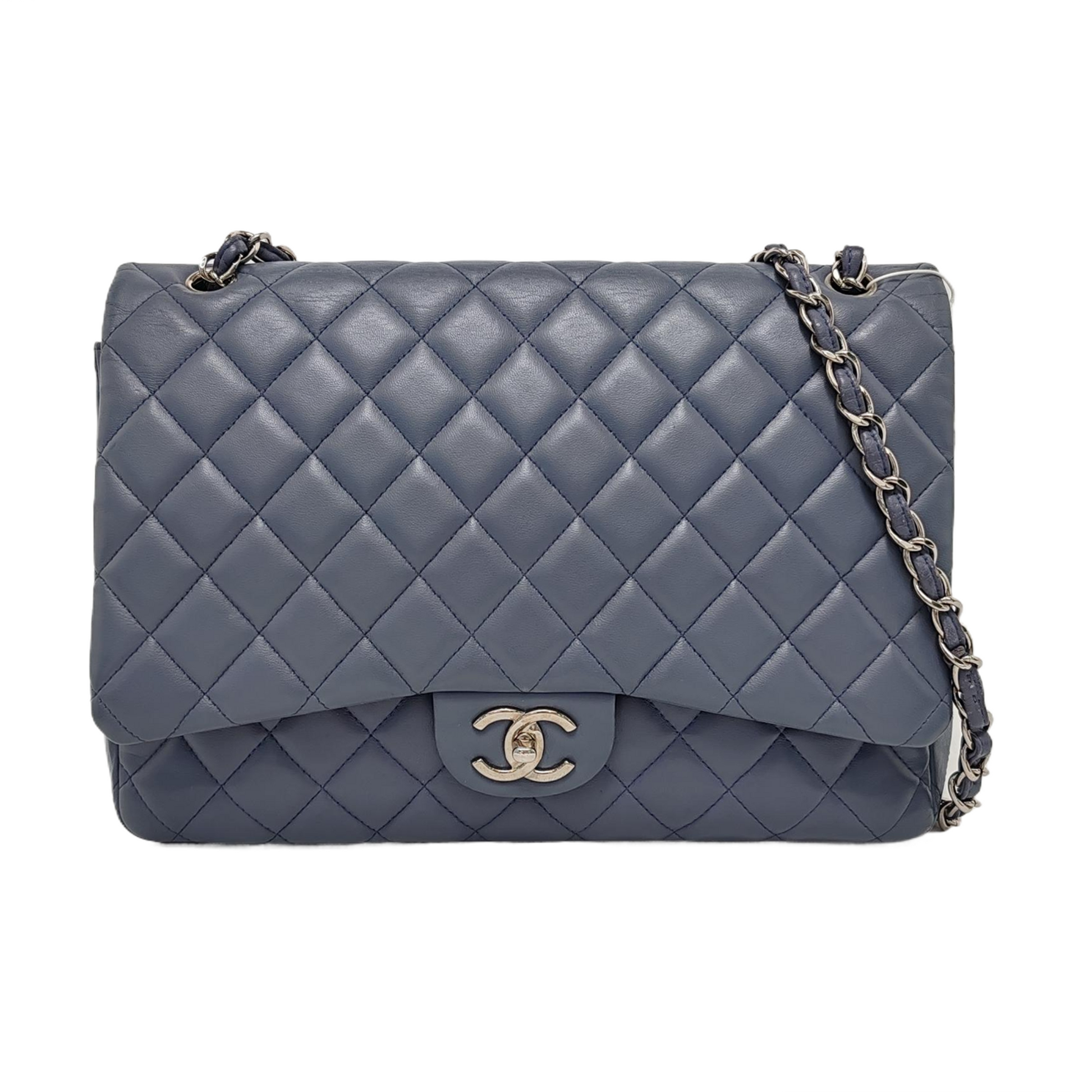 Chanel Classic Flap Maxi Misty Lambskin Double Blue Silver Leather Handbag